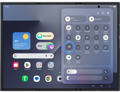 The Quick Settings panel on an unfolded Galaxy Z TriFold with the DeX icon highlighted in a blue circle.