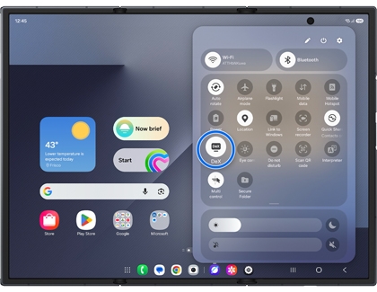 The Quick Settings panel on an unfolded Galaxy Z TriFold with the DeX icon highlighted in a blue circle.