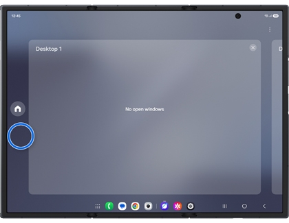 The desktop workspace overview on an unfolded Galaxy Z TriFold with the Exit home icon highlighted in a blue circle.