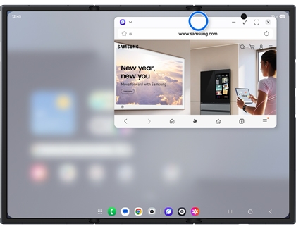 A pop-up Samsung Internet window on an unfolded Galaxy Z TriFold main screen with the top window handle highlighted in a blue circle.