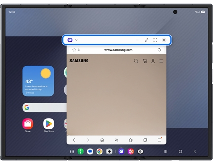 A pop-up Samsung Internet window on an unfolded Galaxy Z TriFold main screen with the top window handle highlighted in a blue box.