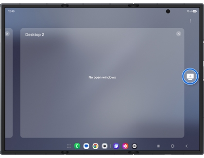 The desktop workspace overview on an unfolded Galaxy Z TriFold with the Add desktop icon highlighted in a blue circle.