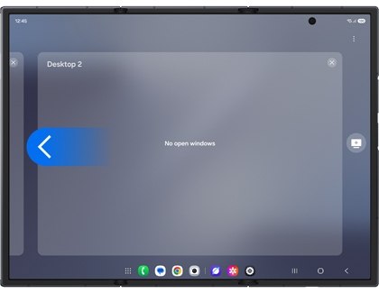 The desktop workspace overview on an unfolded Galaxy Z TriFold with a swipe gesture arrow indicating navigation between desktops.