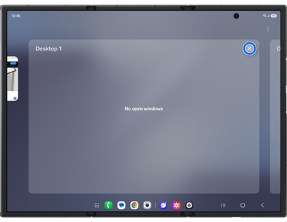 The desktop workspace overview on an unfolded Galaxy Z TriFold with the Close desktop X icon highlighted in a blue circle.