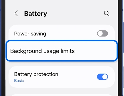Battery settings on a Galaxy phone with Background usage limits highlighted.