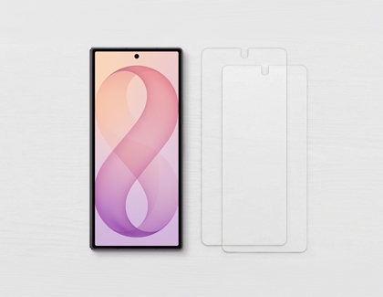 A dark Galaxy Z Fold8 standing next to two screen protector films on a light surface.