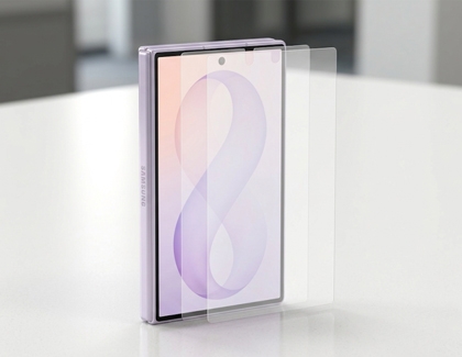 A purple Galaxy Z Fold8 Ultra standing upright with two anti-reflection screen films hovering in front of its cover display.