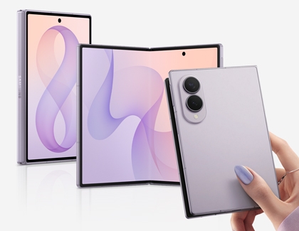 Three Galaxy Z Fold8 shown folded, partially unfolded, and held in hand to display the cover screen, main screen, and rear cameras.