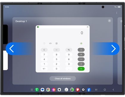 Desktop 1 view on the Galaxy Z TriFold with blue left and right navigation arrows shown on either side of a calculator window.