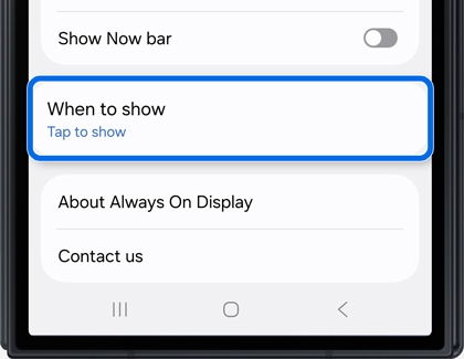 A Galaxy Z TriFold showing the Always On Display settings menu with the When to show option highlighted by a blue rounded box.