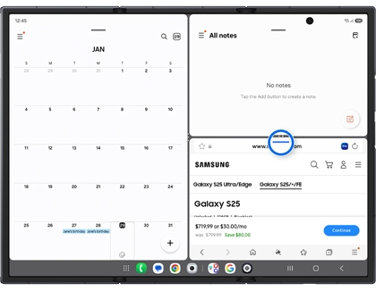 A multi-window view on an unfolded Galaxy Z TriFold with the blue devider of a specific app highlighted in a blue circle.