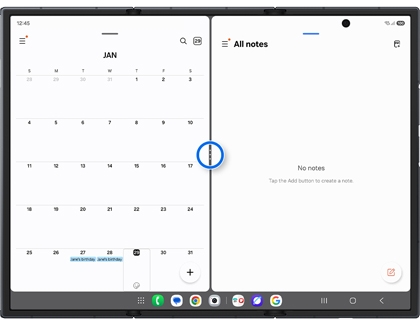A split-screen view on an unfolded Galaxy Z TriFold with the divider handle between two apps highlighted in a blue circle.