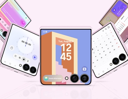 Pink Galaxy Z Flip8 cover screens showing various widgets like clock, timer, and calendar.