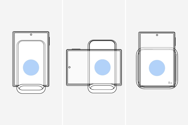 Three line-art diagrams showing proper alignment of Galaxy Z Fold8 in different orientations on a wireless charger.
