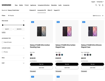 A screenshot of Samsung.com displaying various Galaxy Z Fold8 cases available for purchase.