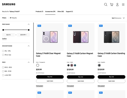 A screenshot of Samsung.com displaying various Galaxy Z Fold8 Ultra cases available for purchase.