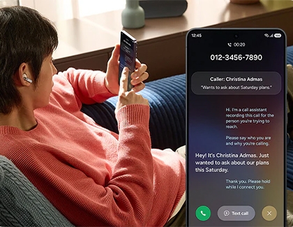 A person holding a Galaxy phone while reclining, next to a close up of the screen showing an active call with Text call transcript.