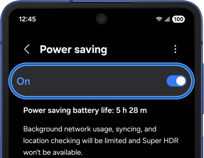 Power saving settings on a Galaxy phone with the toggle enabled.