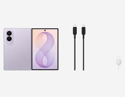 A purple Galaxy Z Fold8 Ultra, a USB-C cable, and a SIM ejector tool spread out on a plain background.