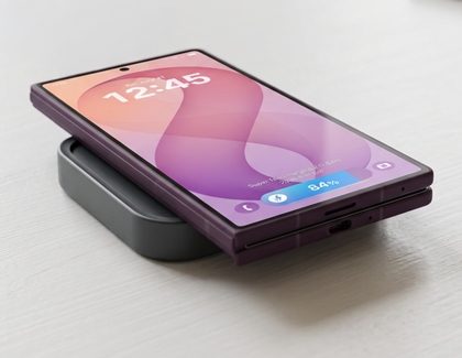 A purple Galaxy Z Fold8 Ultra displayed on a wireless charging pad showing the lock screen.