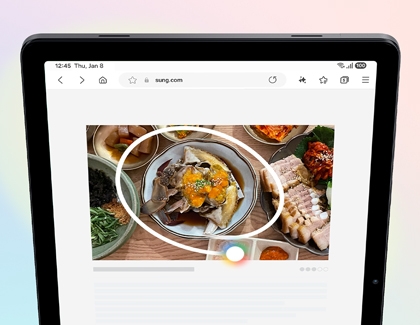 Galaxy Tab A11 Plus screen showing a food photo being searched using Circle to Search.