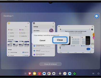 A Galaxy tablet screen showing a pop up message to close desktop 1 and all windows with the Close button and icon highlighted in blue.