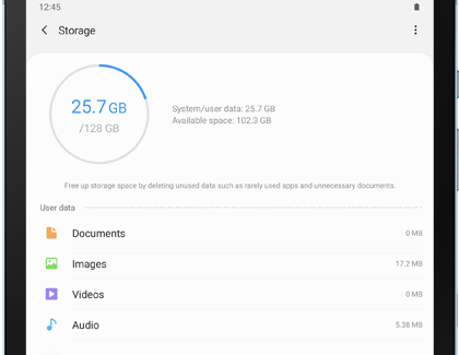 Storage settings displayed in Device care on a Galaxy tabket Storage settings displayed in Device care on a Galaxy tablet
