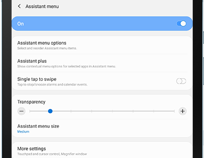 Assistant menu settings on tablet Assistant menu settings on tablet