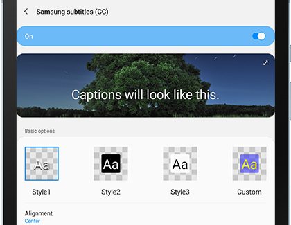 Samsung subtitles settings menu on tablet Samsung subtitles settings menu on tablet