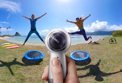 Gear 360 taking a photo of girls jumping on a trampoline
