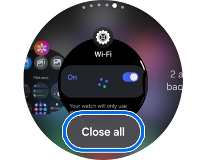 A Galaxy Watch showing the recent apps screen with the Close all option highlighted.