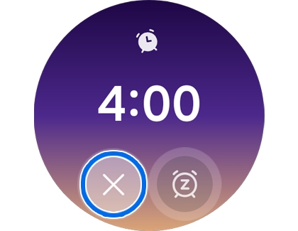 A Galaxy Watch showing a ringing alarm screen with the dismiss icon highlighted.