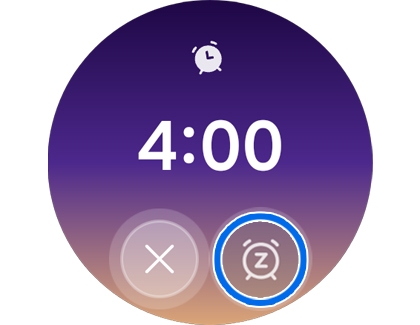 A Galaxy Watch showing a ringing alarm screen with the snooze icon highlighted.