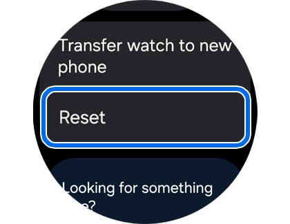 A Galaxy Watch screen with the Reset option highlighted in the General settings menu.