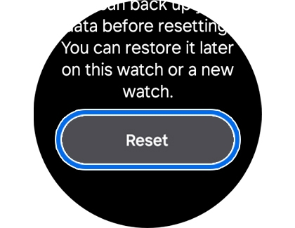 A Galaxy Watch screen with the Reset button highlighted.