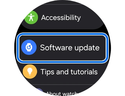 Galaxy Watch Settings screen with Software update option highlighted in the Settings menu.