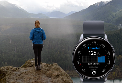 Girl hiking to the top of a hill using the Alti-Barometer app on the watch