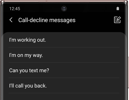 A list of Call-decline messages in the Galaxy Wearable app A list of Call-decline messages in the Galaxy Wearable app