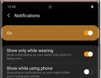 Notifications switched on in the Galaxy Wearable app Notifications switched on in the Galaxy Wearable app
