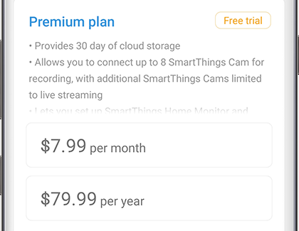 SmartThings Smart Cam subscription plan settings page SmartThings Smart Cam subscription plan settings page