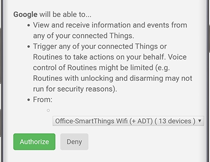 Authorization screen for Google to access SmartThings devices