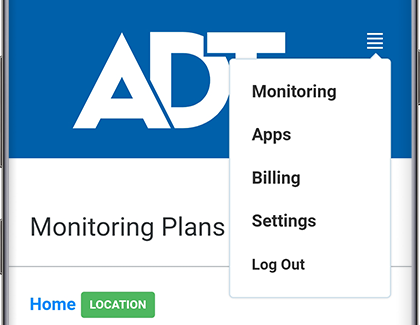ADT Home screen displaying Menu Options