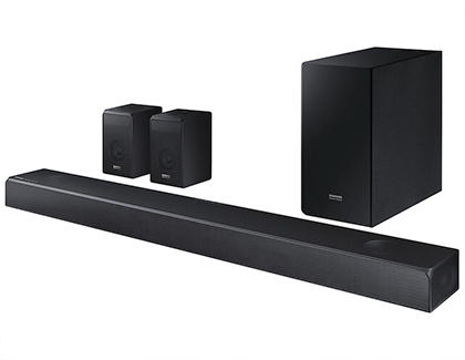 The HW-N950 soundbar with two surround sound speakers and subwoffer The HW-N950 soundbar with two surround sound speakers and subwoffer