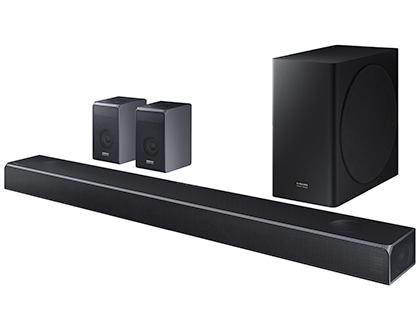 The HW-Q90R soundbar, two surround speakers, and a subwoofer The HW-Q90R soundbar, two surround speakers, and a subwoofer