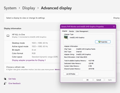 Display adapter properties with the Monitor tab open