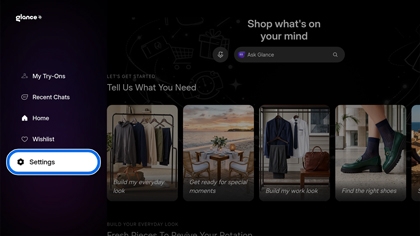 The Glance app screen on a Samsung TV with the Settings option highlighted in blue on the left side menu.