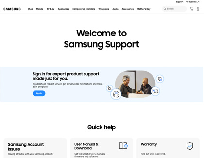 The Samsung Support website home page showing a Sign In banner and Quick help sections.