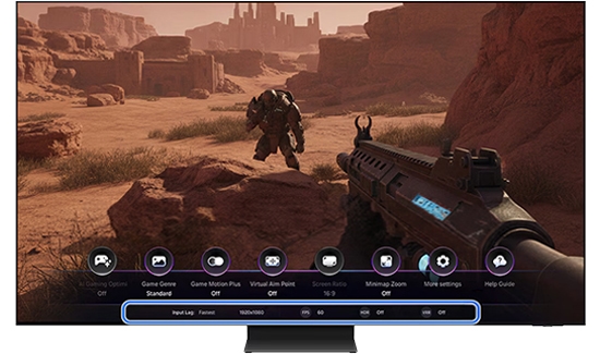 A Samsung Smart TV screen showing a first-person shooter game with the Game Bar overlay displaying gaming status settings highlighted at the bottom.