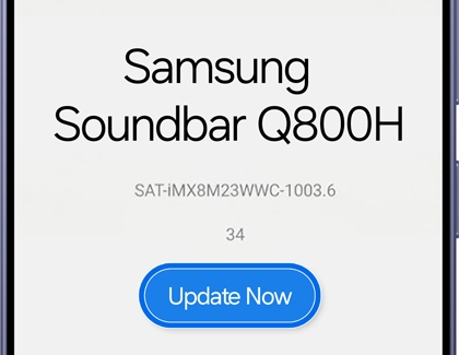 A Galaxy S26 Ultra screen for the Samsung Soundbar Q800H with the Update Now button highlighted in blue.