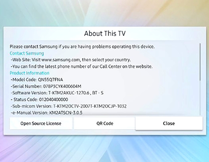 A list of detailed information about a Samsung TV